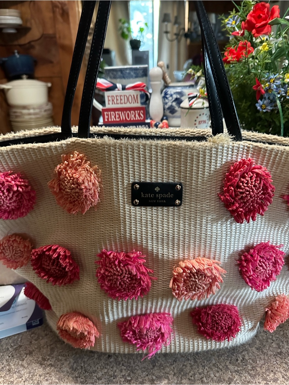 kate spade Straw Tote with Pink and Peach Pom Pom Flowers